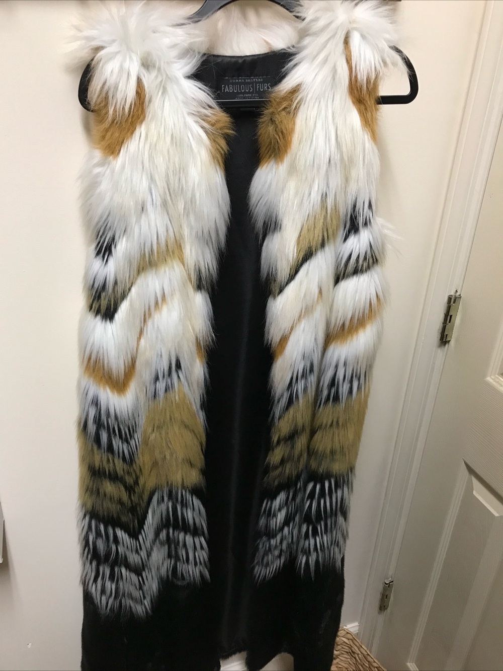 Fabulous Furs White, Tan & Black Faux Fur Long Vest
